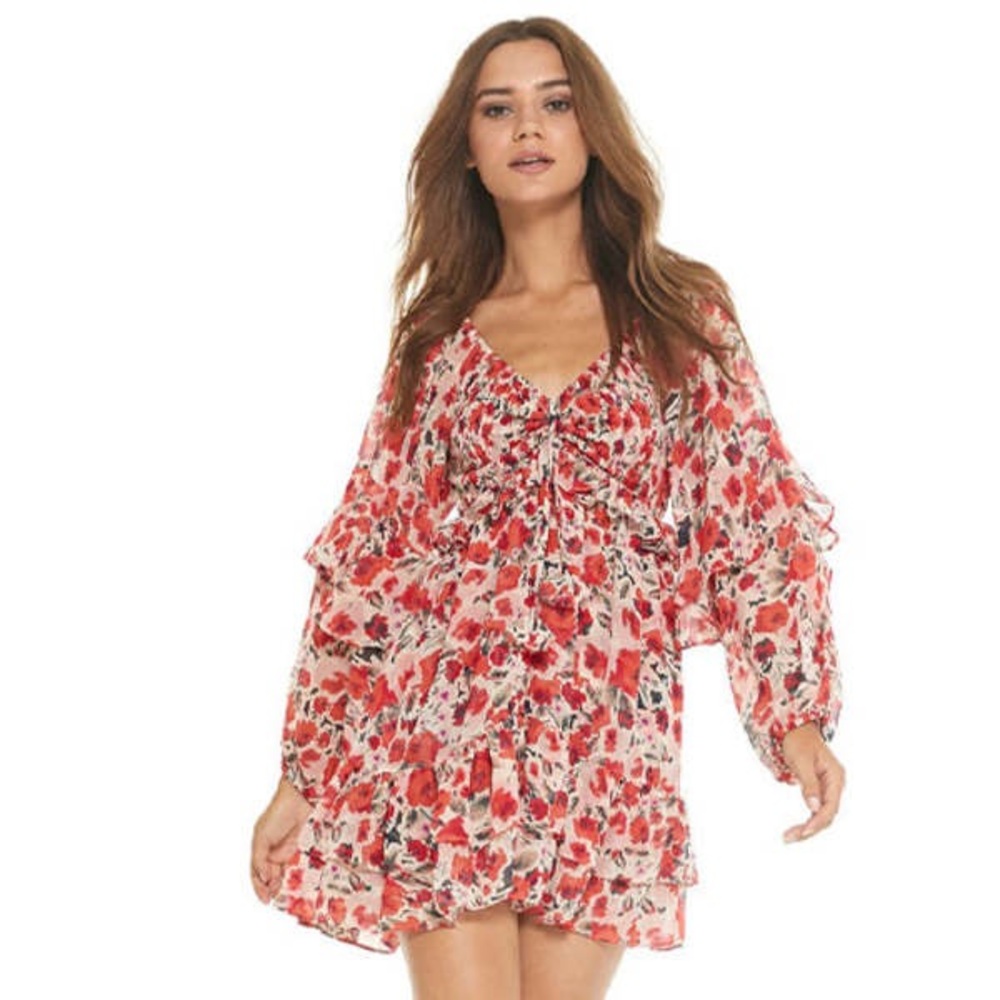 MISA Los Angeles Asra Floral Mini Dress Small Boho Smocked Ruffle Size Small